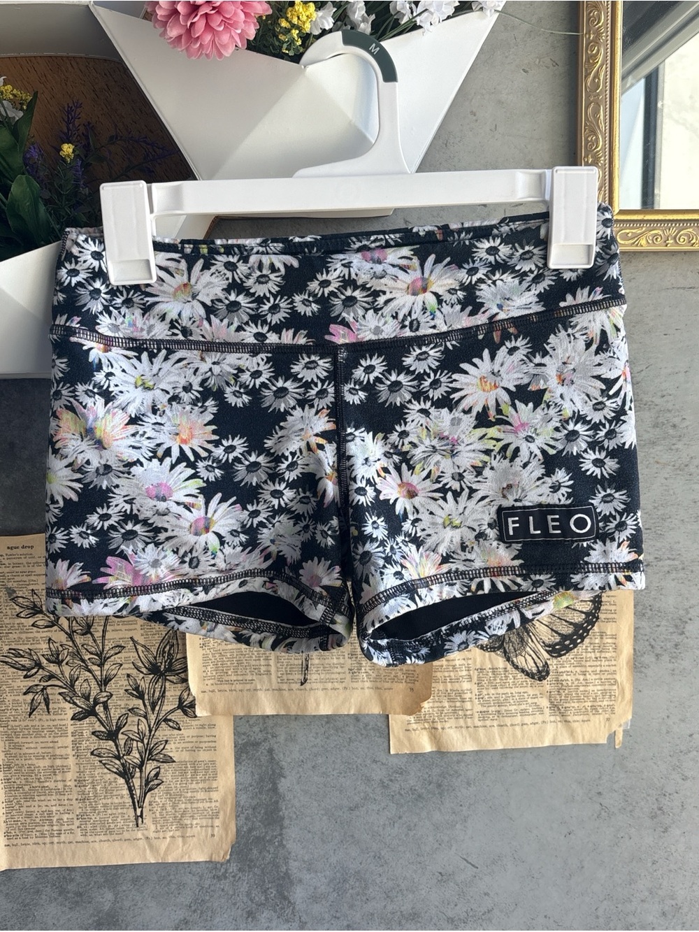 Fleo Black Daisy Floral Bike Shorts with Pastel Accents